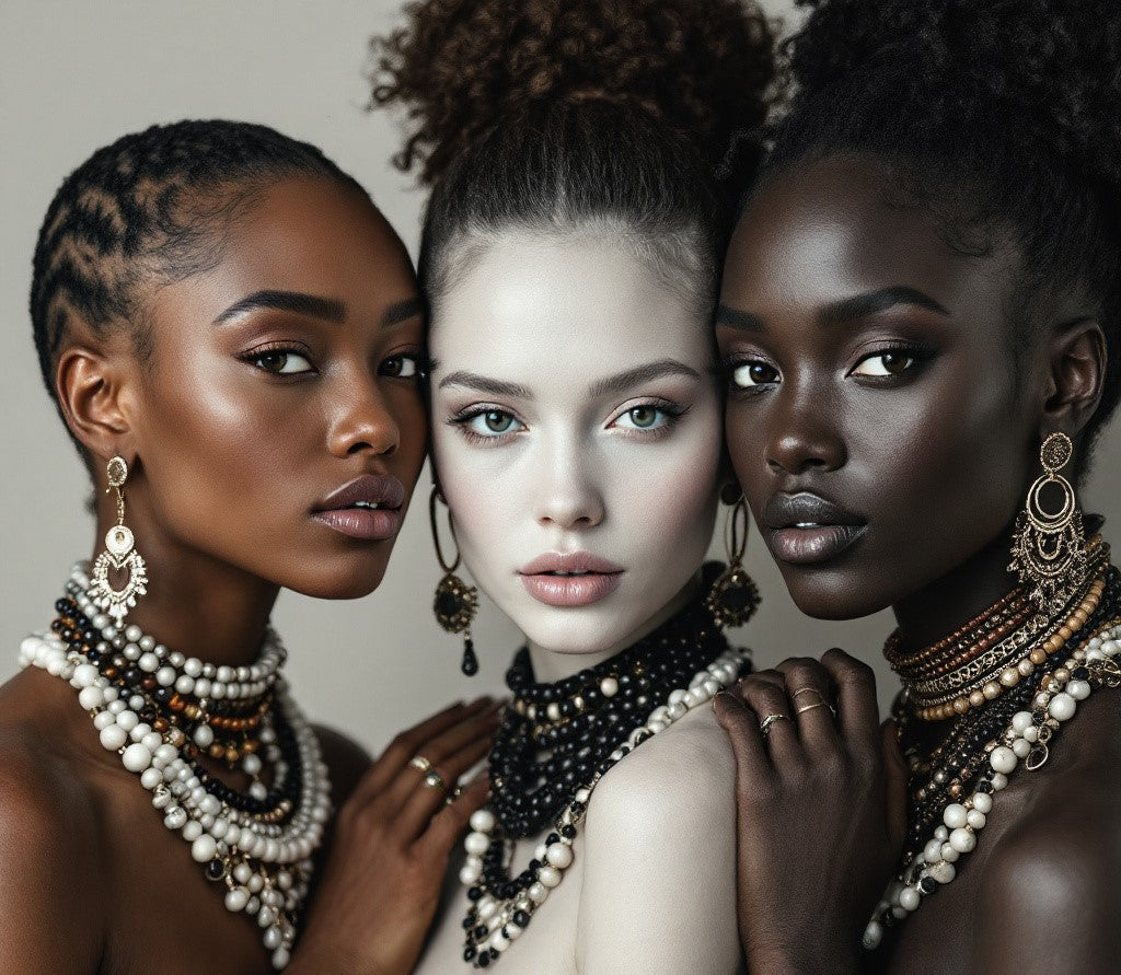 3 women wearing handcrafted necklaces from Embellorium